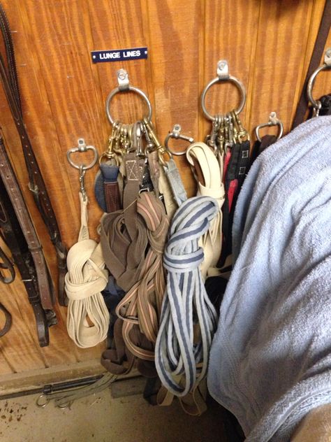 Lunge line storage Horse Gear Storage, Tackroom Storage, Tack Storage Ideas, Tack Room Ideas Diy, Stable Ideas Tack Room, Small Tack Room Organization, Feed Room Ideas Barn, Horse Barn Organization, Small Tack Room Ideas