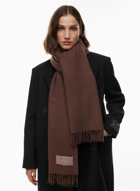 WOOL NARROW BLANKET SCARF | Aritzia Aritzia Scarf, Women's Workwear Fashion, Blanket Scarves, Brown Scarf, Classic Scarf, Scarf With Fringe, Brown Scarves, How To Wear A Scarf, Easy Winter Outfit