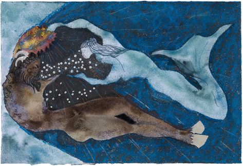 Chris Ofili Crowning of a Satyr (Blue), 2021 Watercolour, charcoal, pastel and platinum leaf on paper 26.5 x 38.5 cm 10 3/8 x 15 1/8 in Chantal Joffe, Chris Ofili, David Wood, Artist Project, Red Plants, Row Boat, High Art, Art Blue, The Boy