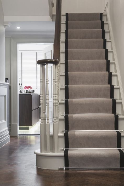 stairways on Pinterest | Stair Runners, Railings and Staircases Stairs Carpet, Carpet Staircase, White Stairs, Traditional Staircase, Stair Rods, Staircase Makeover, 1930s House, Painted Stairs, Foyer Decorating