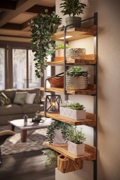 Rustic indoor plant shelves are the perfect way to combine natural wood textures with vibrant greenery. Enhance the look with stylish planters and warm lighting for a cozy yet chic living area. #RusticPlantShelf #IndoorGreenery #NaturalHomeDecor #RusticHomeStyle #EcoFriendlyLiving #CozyPlantDecor #WoodenShelvesDesign #RusticVibes #IndoorPlantIdeas #WarmLivingSpace Plant Shelving Ideas, Shelving Ideas For Living Room, Plant Display Indoor, Plant Shelving, Plant Shelf Ideas, Plants Shelf, Indoor Plant Shelves, Planter Wall, Natural Wood Texture