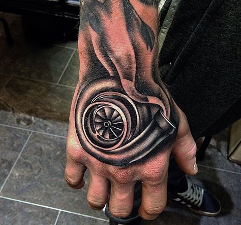 Turbo tattoo Engine Tattoos For Men, Car People Tattoos, Car Racing Tattoos For Men, Car Art Tattoo, Turbo Hand Tattoo, Car Guy Tattoos Sleeve, Car Parts Tattoo Design, Car Turbo Tattoo, Car Idea Tattoos