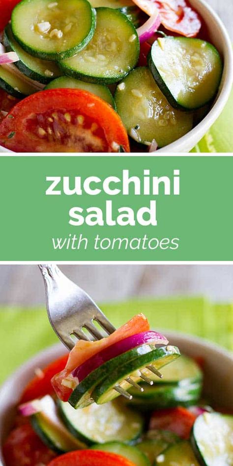 Fresh tomatoes and zucchini shine in this easy Zucchini Salad with Tomatoes. It makes a perfect summer side dish. #recipe #salad #zucchini #tomatoes #sidedish Tomato Zucchini Salad, Zucchini Tomatoes And Onions, Zucchini And Tomato Salad, Salad Zucchini, Zucchini Dishes, Tomatoes And Zucchini, Tomato Basil Salad, Tomato And Onion Salad, Salad With Tomatoes