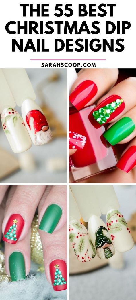 Get into the festive spirit with these stunning Christmas dip nail ideas! 💅🎄 #ChristmasNails #HolidayNailArt #nailinspo Easy Christmas Dip Nail Ideas, Christmas Gel Dip Nails, Dip Powder Nails For Christmas, Powder Dip Christmas Nails, Christmas Finger Nail Designs, Dip Powder Nails Christmas Colors, Short Dip Nails Christmas, Holiday Dip Nails Christmas, Christmas Dip Nail Ideas Short