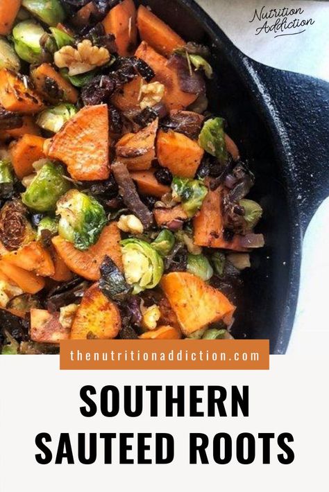 A lighter (but just as delicious) Thanksgiving side dish. Made with Brussels sprouts, sweet potatoes, and other tasty seasonings, you'll get all your favorite holiday flavors without feeling stuffed. #sauteedroots #vegetables Phff Meals, Vegetables Thanksgiving, Metabolism Makeover, Healthy Side Recipes, Preparing Thanksgiving Dinner, Sides Healthy, Metabolism Foods, Sides Recipes, Source Of Fiber