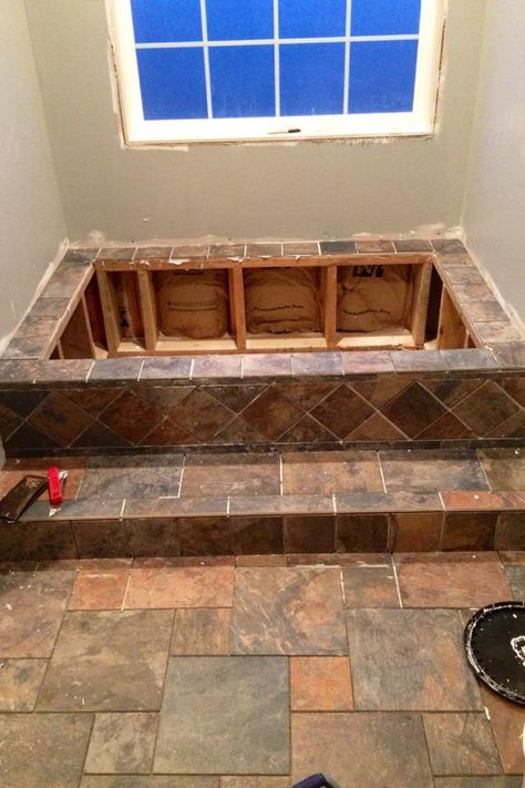 Our bathroom redo. Roman Tub Ideas, Tile Tub Ideas, Drop In Tub Surround Tile, Bathtub With Steps, Tile Tub Surround Ideas, Tiled Tub, Tub With Glass Door, Tub Surround Ideas, Tile Bathtub