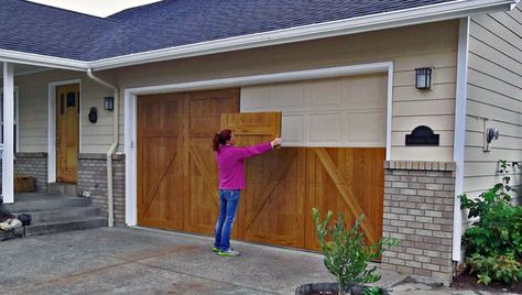 garage skins application GarageSkins Give You a Wood Look Without the Cost Door Refacing, Cardigan Til Baby, Garage Door Makeover, Wood Garage Doors, Garage Remodel, Home Exterior Makeover, Garage Makeover, Exterior Makeover, Casa Exterior