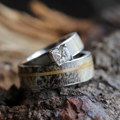 Antler Wedding Ring Set, Moissanite Engagement Ring With Wood Ring Antler Wedding Ring, Hunting Wedding Rings, Deer Antler Wedding Rings, Hunting Couple, Deer Antler Wedding, Camo Wedding Rings, Antler Wedding Rings, Perfect Wedding Ring, Antler Wedding