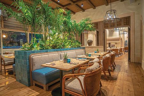 Designed by Patrick Sutton, Maximón exudes sophistication w/stone, wood & marble details amid lush greenery. Feast on an assortment of ceviches, fajitas,Tequila flights, & tortillas. Diners can also enjoy the restaurant’s Spanish-style courtyard w/seating, fountains & bar.  #maximonrestaurant #patricksuttondesign #interiors #homeanddesigndc Simple Restaurant Design, Spanish Style Restaurant, Spanish Style Courtyard, Spanish Aesthetic, Modern Restaurant Design, Wooden Beams Ceiling, Crab House, Marble Detail, Themed Cafes