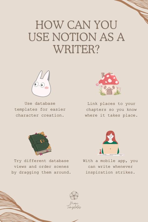 Hey writers! 📝 Ever considered using Notion to make your writing easier? It's incredibly helpful! From organizing notes, building new worlds with templates, to developing characters and keeping track of deadlines, Notion has everything you can think of! Best part? It's free to use and accessible from both your phone and computer. And if creating your own Notion setup feels overwhelming, give our premade template a try—it's got everything a writer needs. #Writing #NotionTemplate Notion For Writers, Writing Notion, Developing Characters, Organizing Notes, Novel Planning, Using Notion, Notion Setup, Fitness Goal Setting, Notion Ideas