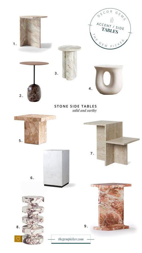 Statement side tables can be serious show stopping pieces in a room, here is a roundup of 40+ side tables that will leave no one indifferent. Japandi Side Table, Marble Side Table Living Room, Block Side Table, Mirror Side Table, Gold Living, Marble Block, Marble Side Table, Marble Home, Be Serious