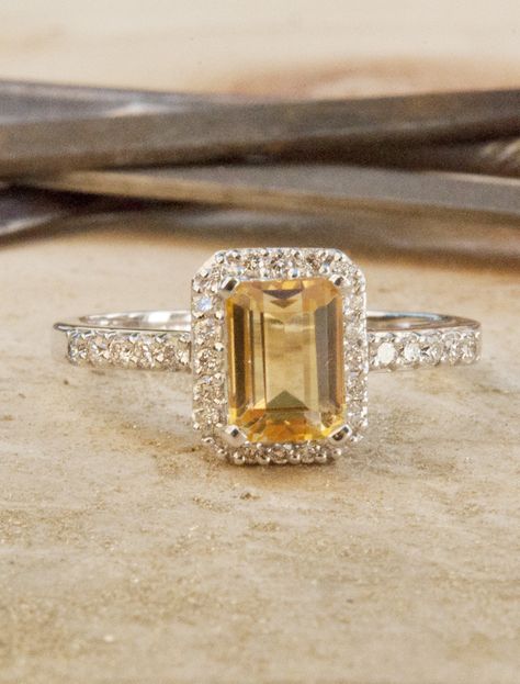 Colette is a glamorous citrine engagement ring with a sparkly diamond halo. #DanaWaldenBridal Citrine Ring Engagement, Vintage Inspired Engagement Rings, Citrine Jewelry, Best Engagement Rings, Classic Engagement Rings, Engagement Inspiration, Citrine Ring, Yellow Citrine, Halo Engagement Rings