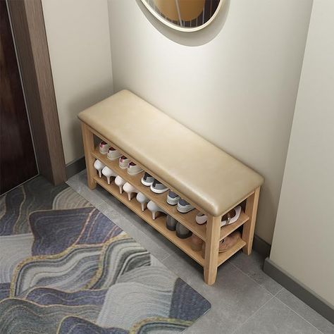 Amazon.com: KASLANDI Wooden Shoe Rack Bench with Cushion- 2-Tier Shoe Organizer and Entryway Bench | Stylish Shoe Bench for Entryway, Bedroom : Home & Kitchen Bench For Entryway, Wooden Shoe Rack, Shoe Rack Bench, Wooden Shoe Racks, Storage Benches, Studio Flat, Wooden Shoe, Entryway Bedroom, Shoe Bench