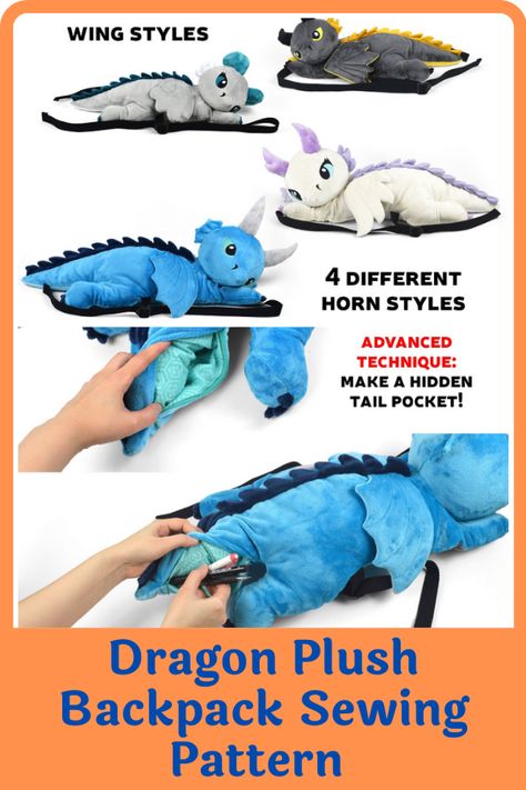 Plush Bag Diy, Stuffed Dragon Pattern Sewing, Dragon Stuffed Animal Pattern, Dragon Plush Pattern, Dragon Sewing Pattern, Dragon Applique, Dragon Outfit, Backpack Sewing Pattern, Tail Of The Dragon