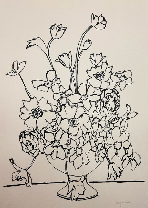 Screen Printing Flowers, Flower Still Life Drawing, Flower Screen Print, Vase With Flowers Drawing, Flower Vase Sketch, Vase Art Drawing, Flowers In Vase Drawing, Flower Vase Illustration, Blooming Illustration