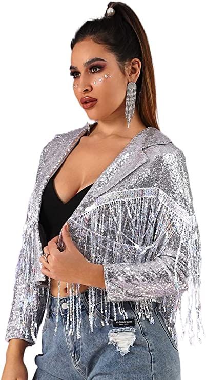 fringe sequin bomber jacket concert eras outfit Glitter Cardigan, Glitter Jacket, Tassel Jacket, Sequin Halter Dress, Party Jackets, Lapel Coat, Disco Dress, Sequin Blazer, Rave Outfit