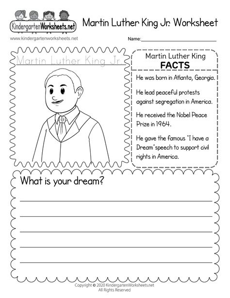 Martin Luther King Jr. Worksheet for Kindergarten Martin Luther King Facts, Martin Luther King Jr Kindergarten, Martin Luther King Jr Worksheets, Martin Luther King Speech, Martin Luther King Worksheets, Martin Luther King Jr Crafts, Martin Luther King Activities, Martin Luther King Jr Activities, Rodney King