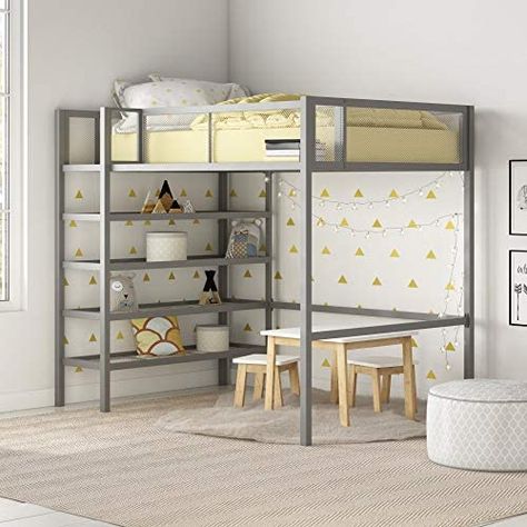 Bed With Storage Design, Bookcase Overstock, Safe Bunk Beds, Loft Bed With Storage, Metal Loft Bed, Silver Room, Kids Loft, Black Rooms, Kids Beds