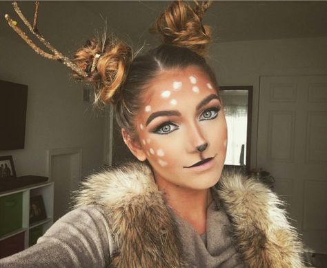 Deer Horns Diy, Reindeer Face Paint Easy, Diy Deer Costume For Women, Deer Face Paint, Cheap Easy Halloween Costumes, Fawn Makeup, Makeup Halloween Costume, Deer Halloween Costumes, Halloween Costume Makeup