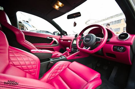 Hot pink leather car interior Felicia would love it in the scion. Hummer Interior, Leather Car Interior, Pink Car Interior, Hot Pink Cars, Car Interior Upholstery, Audi Interior, Black Bmw, Pink Cars, Pink Truck