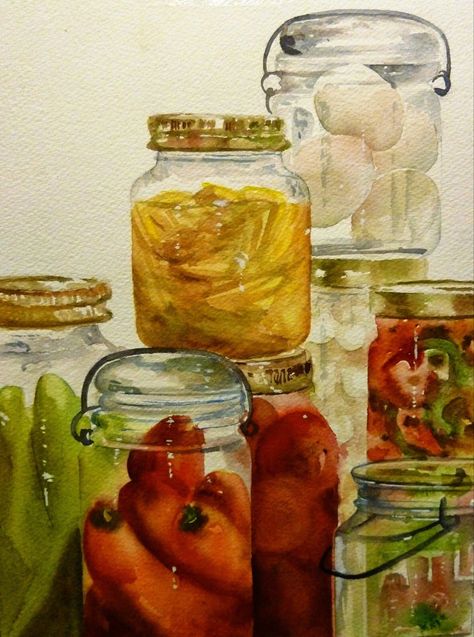 Donna Maclure | WATERCOLOR | Pickles in a Glass Jar Watercolor Jar, Jar Pickles, Snow On Trees, White Gouache, Winter Landscapes, Falling Snow, Winter Landscape, Glass Jar, The Snow