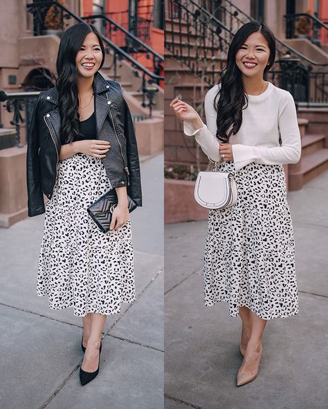 Two Ways to Wear a White Leopard Midi Skirt – Skirt The Rules | NYC Style Blogger Leopard Midi Skirt Outfit, Leopard Skirt Outfit, Leopard Midi Skirt, Skirt Outfit Casual, Midi Skirt Fall, Nyc Style, Midi Skirt Outfit, White Midi Skirt, Leopard Skirt