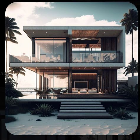 Modern Astethic House, Modern Industrial Beach House, Two Story Glass House, Morden Beach House, Beach Side Villa, Modern Luxury Beach House, Luxury Beach House Aesthetic, Beach Mansion Aesthetic, Small Modern House Exterior Minimalist