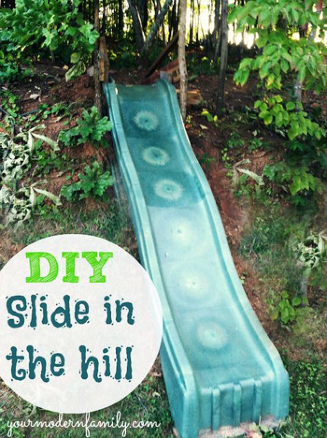 diy make a slide in the hill side or yard easy fun for the kids, diy, outdoor living, repurposing upcycling, woodworking projects, We made this slide with scrap wood the cost of a used slide 25 bought on Craigslist Follow these steps to make your own If you have a hillside in the back yard this is perfect yourmodernfamily com Outdoor Playscapes, Diy Slide, Diy Slides, Woodworking Projects For Kids, Woodworking For Kids, Backyard Playground, Backyard Play, Diy Spring, Kids Diy