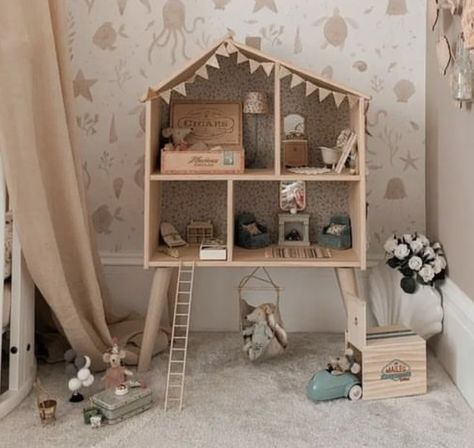 Ikea Maileg House, Ikea Doll House Hack, Flisat Dollhouse Makeover, Diy Ikea Dollhouse, Maileg Flisat, Baby Doll Set Up In Playroom, Maileg Mouse House Diy, Maileg Ikea Dollhouse, Ikea Dollhouse Maileg