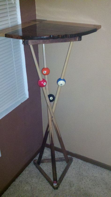 Bar table made from real pool sticks and racks Billiard Balls Repurpose, Pool Table Room Ideas, Billiard Room Design, Pool Room Ideas, Billiards Room, Pool Table Room, Pool Sticks, Pool Room, Pool Halls