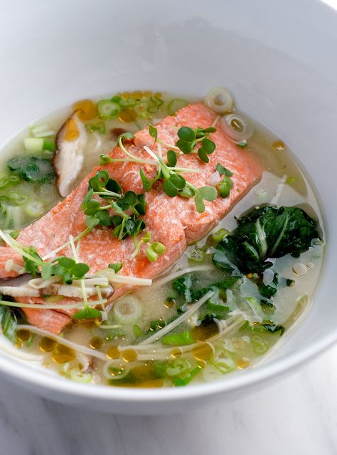 Poached Wild BC Salmon in Miso Broth Boiled Salmon Recipes, Salmon Miso Soup, Salmon Fall Recipes, Autumn Salmon Recipes, Japanese Salmon Recipes, Salmon Tahini, Salmon Lunch Recipes, Salmon Belly Recipes, Salmon Recipe Ideas