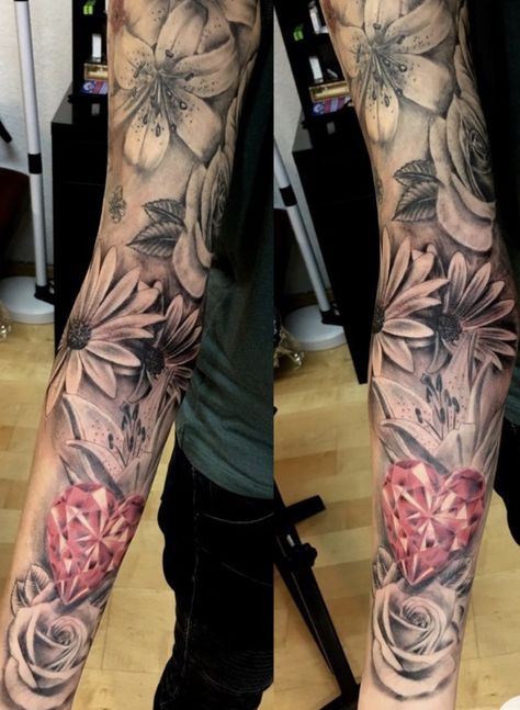 Black And White With Pop Of Color Tattoo, Black And White Tattoos With Color Pop, Black And White Tattoo With Pop Of Color, Black And White Flower Tattoo, Forearm Tattoo Design, Mask Tattoo, Sleeve Ideas, Sleeves Ideas, Best Sleeve Tattoos