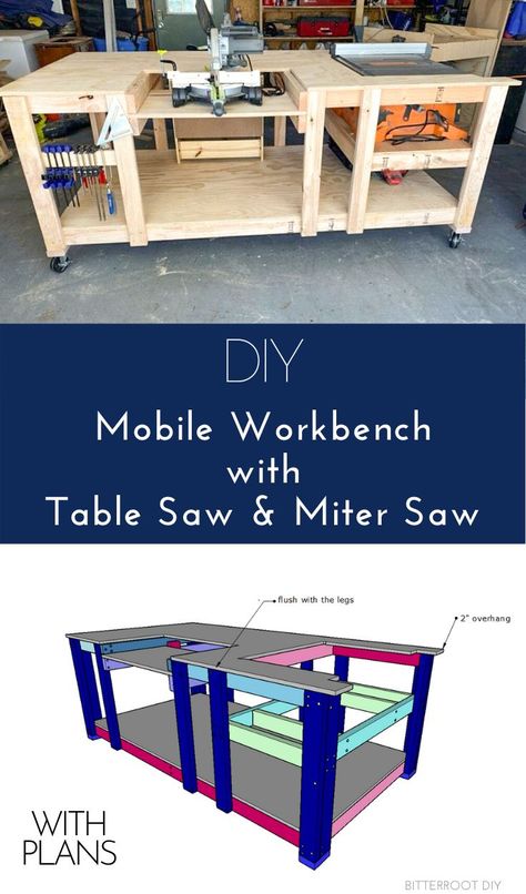 Update your shop with an all-in-one DIY Mobile Workbench. Grab plans to build your own! Workbench With Table Saw, Diy Mobile Workbench, Tree Carvings, Garage Workbench Plans, Workbench Table, Table Saw Workbench, Building A Workbench, Mobile Workbench, Workbench Plans Diy