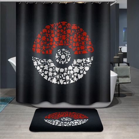 Pokemon Bathroom, Gaming Bedroom Ideas, Boys Room Curtains, Rideaux Shabby Chic, Shower Curtain Hook, Pokemon Room, 3d Pokemon, Extra Long Curtains, Extra Long Shower Curtain