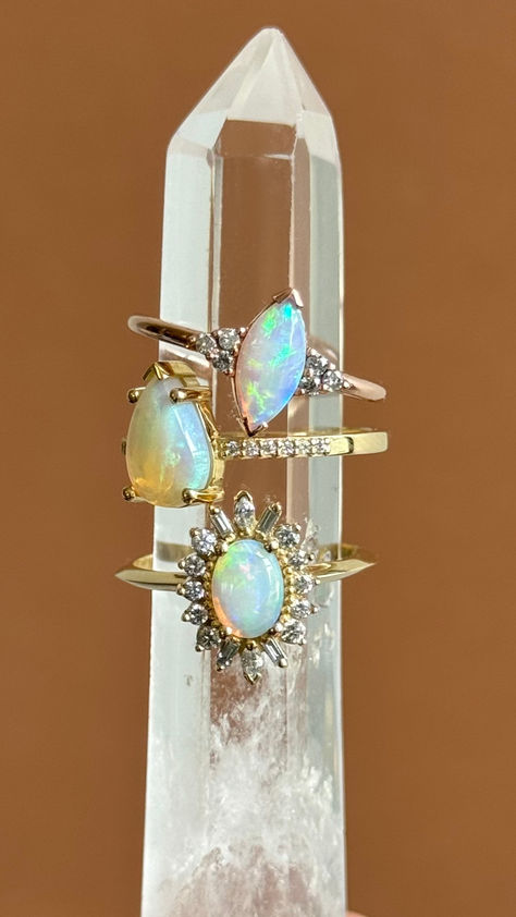 three yellow gold engagement rings featuring Australian opals Alexis Russell Jewelry, Unique Gemstone Engagement Rings, Alexis Russell, Australian Opal Ring, The Perfect Engagement Ring, Gemstone Engagement, Unique Gemstones, Perfect Engagement Ring, Opal Ring