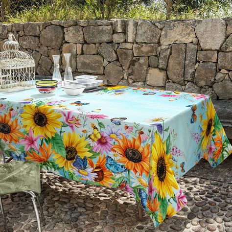 PRICES MAY VARY. 【Premium Fabric Material & Pretty Design】-- Table Cloth are made of spun polyester fabric,which is soft ,comforatble and durable for long term use. Protect your tables and furniture from dust and scratches. Advanced HD pattern printing technology ensure this blue sky sunflowers butterfly tablecloth with bright colors and clear images, non-fading, bring you a pleasant dinner, party time 【Size Fits 4-8 Seats Table】-- This sunflowers table cloth measures about 60" W x 84" L. It can Butterfly Tablecloth, Autumn Tablecloth, Fall Tablecloth, Picnic Dinner, Butterfly Table, Clear Images, Tablecloth Sizes, Dinner Decoration, Rectangle Tablecloth