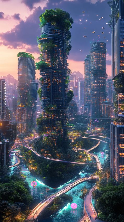 **Futuristic Urban Oasis**: Explore a mesmerizing urban landscape featuring sleek skyscrapers intertwined with lush greenery. 🌆✨ Imagine vibrant streets with autonomous vehicles gliding under a twilight sky, all set against a backdrop of twinkling lights and floating gardens. #FuturisticCity #Skyscrapers #midjourney #UrbanExplorer Floating Gardens, Futuristic Cities, Solar Punk, Season Aesthetic, Dnd Campaign, Dark Black Wallpaper, Floating Garden, Twilight Sky, Twinkling Lights