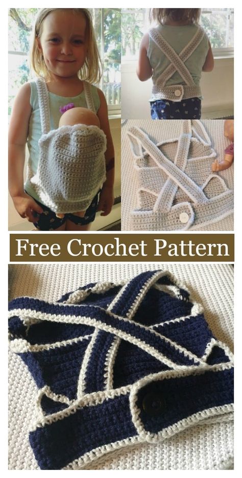 Baby Doll Carrier Free Crochet Pattern Baby Carrier Pattern, Baby Doll Carrier, Carrier Pattern, Crochet Doll Clothes Free Pattern, Doll Carrier, Baby Doll Pattern, Crochet Baby Girl, Crochet Doll Clothes, Baby Doll Clothes