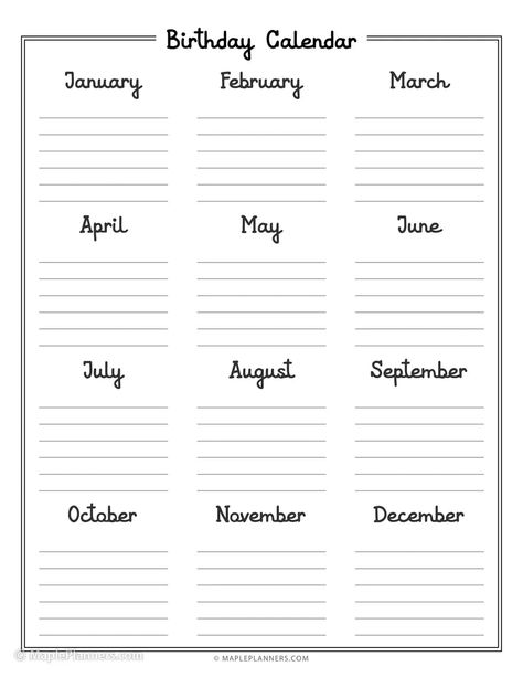 Birthday Chart Printable Free, Birthday List Template Free Printable, Birthday Calendar Printable Free, Birthday Chart Printable, Birthday List Printable, Birthday List Template, 2023 Calendar Printable Free, Printable Birthday Calendar, Birthday Calendar Template