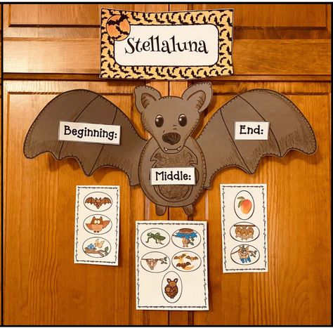 Whole group activity, has students help sort, then place the "story ovals" on the appropriate "Beginning, Middle & End" mats. Comes with a smaller version in BW for students. Stories For Kindergarten, Tub Activities, Stellaluna Activities, Bat Activities, Bats Activities, Elementary Reading Activities, October Math, Beginning Middle End, Bat Craft