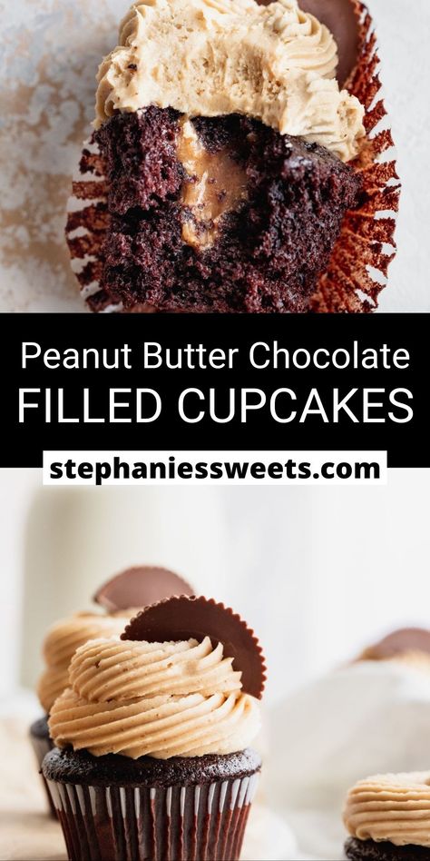 These peanut butter chocolate cupcakes are the ultimate cupcake combo! They are dark chocolate moist cupcakes filled with peanut butter marshmallow fluff. Then, on top is a peanut butter frosting that is super creamy. These cupcakes are a must bake! Choc Peanut Butter Cupcakes, Chocolate Cupcake With Peanut Butter Filling, Chocolate Cupcakes Peanut Butter Frosting, Chocolate Cupcakes Peanut Butter Icing, Peanut Butter Filled Chocolate Cupcakes, Peanut Butter Cupcake Filling, Peanut Butter Chocolate Cupcakes, Peanut Butter Filling For Cupcakes, Cupcake Filling Ideas