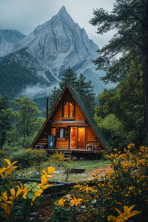 A-Frame Alpine Adventure 🏔️🏡 Mountainside Homes, Mountain Cabin Aesthetic, Cottage In The Mountains, Alpine Cabin, Forest Hut, Simple Cabin, Montana Cabin, Cabin Windows, Cabin Aesthetic