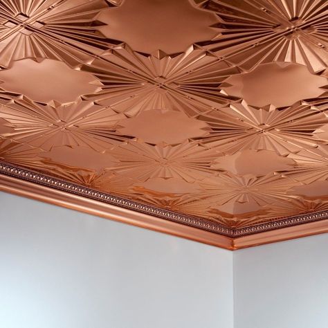 Fasade Art Deco Polished Copper 2 ft. x 4 ft. Glue-up Ceiling Tile (Sample - 12in x 12in), Gold, Size 12 x 12 Art Deco Kitchen Design, Copper Ceiling Tiles, Art Deco Office, Art Deco Kitchen, Copper Ceiling, Art Deco Ceiling, Art Deco Bedroom, Art Deco Bathroom, Art Deco Interior Design