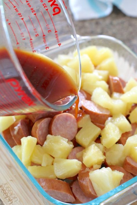 sliced kielbasa, pineapple and glaze Kielbasa Bites Appetizers, Glazed Kielbasa Bites, Kielbasa Pineapple, Pineapple Appetizers, Kielbasa Appetizer, Kielbasa Bites, Tailgate Snacks, Tailgate Food, Savory Appetizer