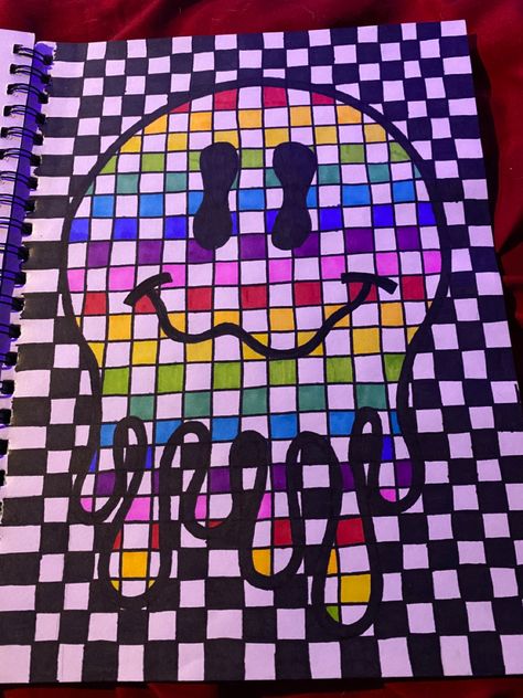 Drippy Smiley Face, Markers Drawing Ideas, Trippy Drawings, Cute Easy Doodles, Graph Paper Art, Art Tools Drawing, Easy Doodle Art, Easy Doodles Drawings, Checker Print