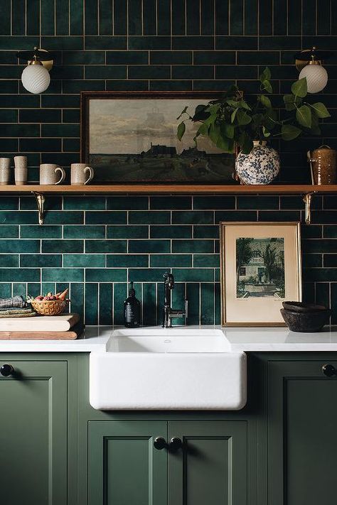 Moody Kitchens, Green Kitchen Backsplash, Jean Stoffer, Backsplash Trends, Kitchen Backsplash Trends, Green Subway Tile, Dark Green Kitchen, Green Backsplash, Boy Bath