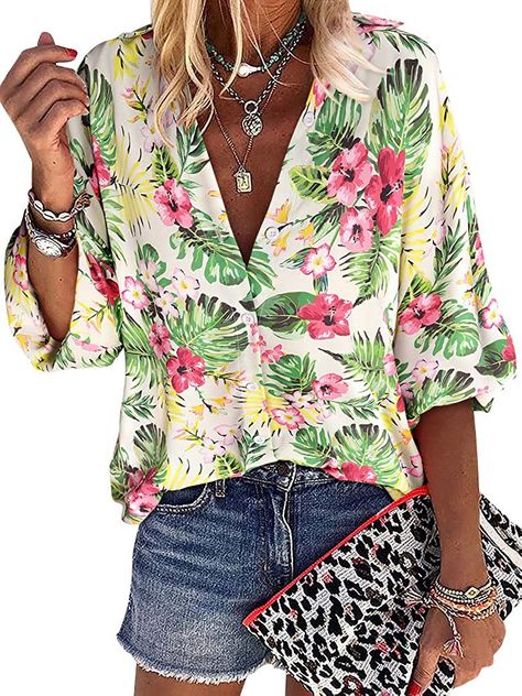 ZXZY Women Pineapple Printed Lapel Collar Half Sleeves Buttons Down Blouse Shirt at Amazon Women’s Clothing store Shirts For Women Graphic, Hawaiian Shirt Outfit, Pineapple Graphic, Beach Tshirt, Printed Blouses, Pineapple Shirt, Beach Office, Cute Tops For Women, Graphic Print Shirt