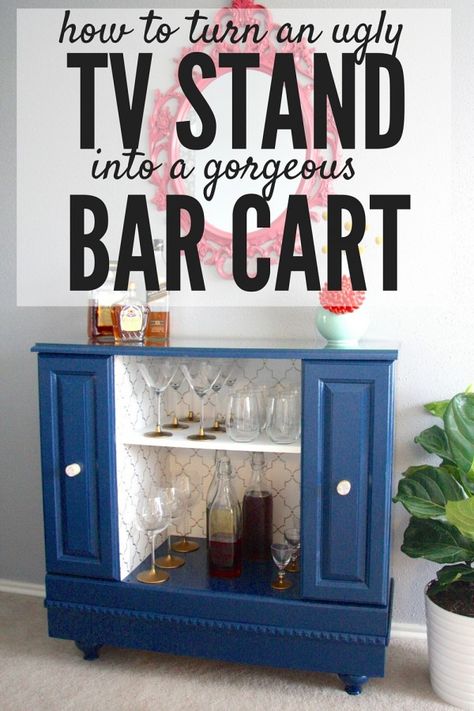 Love the look of bar carts but don't have the money to buy a new one? Here are the details on how to turn an outdated, 80's style television stand into the bar cart of your dreams! Bar Cart Furniture Flip, Diy Bar Cart Repurposed, Bar Cart Makeover, Tv Stand Makeover, Dresser Bar, Television Stand, Diy Bar Cart, Bar Cart Decor, Diy Bar