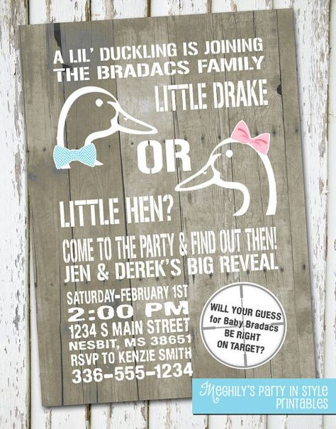 Drake or hen? Invitation Gender reveal Camo Gender Reveal, Duck Gender Reveal, Hunting Theme, Hunting Themes, Gender Reveal Themes, Gender Reveal Ideas, Gender Party, Baby Gender Reveal Party, Gender Reveal Invitations