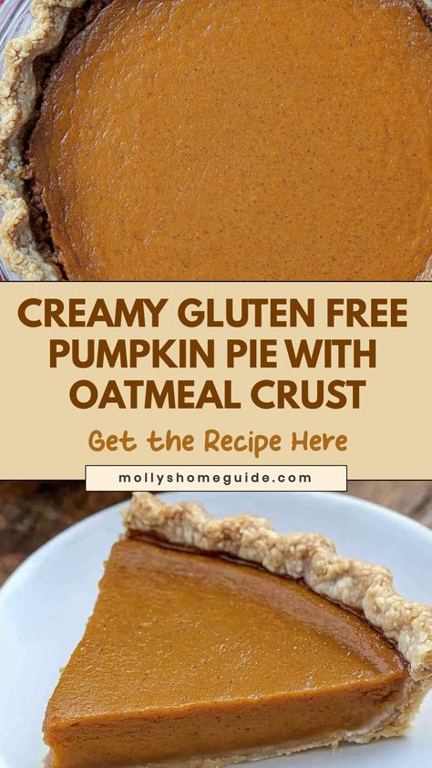 Delight in the flavors of fall with this scrumptious gluten-free pumpkin pie with an oatmeal crust. A warm and comforting dessert perfect for any gathering or holiday celebration. Indulge in every bite of this creamy, spiced pumpkin filling nestled in a cozy oatmeal crust that adds a delightful crunch. A decadent treat that's sure to please everyone at the table, whether they have dietary restrictions or not. Pumpkin Pie With Oatmeal Crust, Gluten Free Oatmeal Cake, Gluten Free Pumpkin Pie Crust, Pie With Oatmeal Crust, Oatmeal Pie Crust Recipe, Pumkin Pie Recipe, Eggless Pumpkin Pie, Pumpkin Pie Crust Recipe, Pumpkin Pie Gluten Free